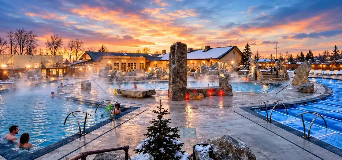 The steaming outdoor pools at Bozeman Hot Springs at sunset