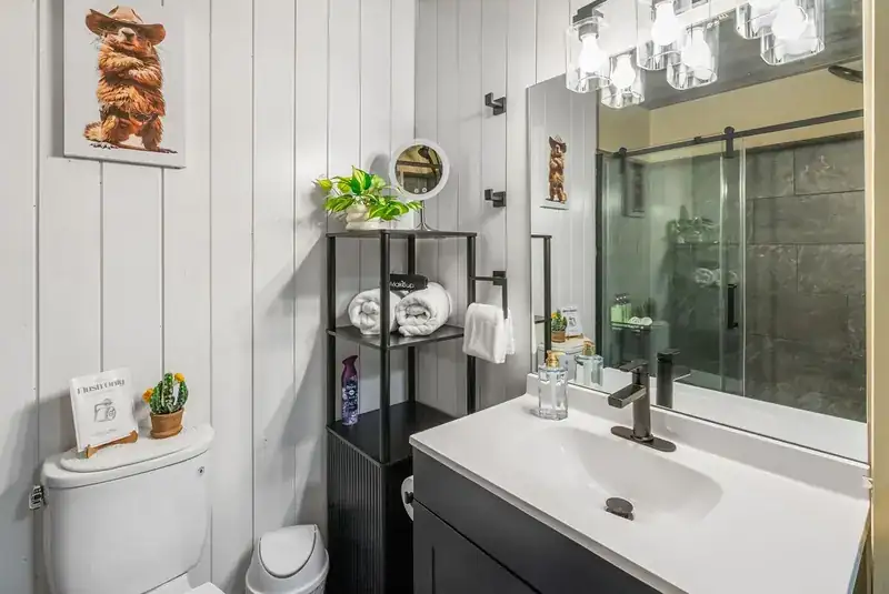 Entire duplex: Bathroom with vanity and glass shower