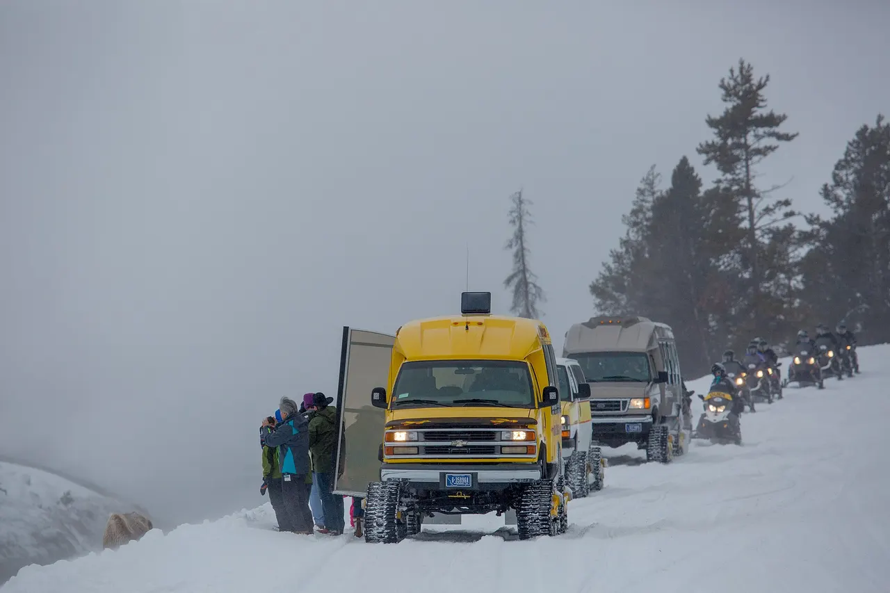 Guided snowmobile and snowcoach groups near Midway Geyser Basin in winter